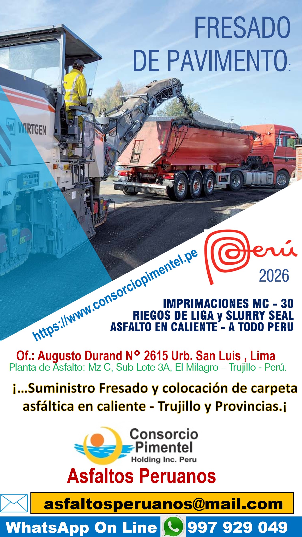 Fresado de Asfalto costo x m2 Pavimentos y Obras Viales Perú 2026