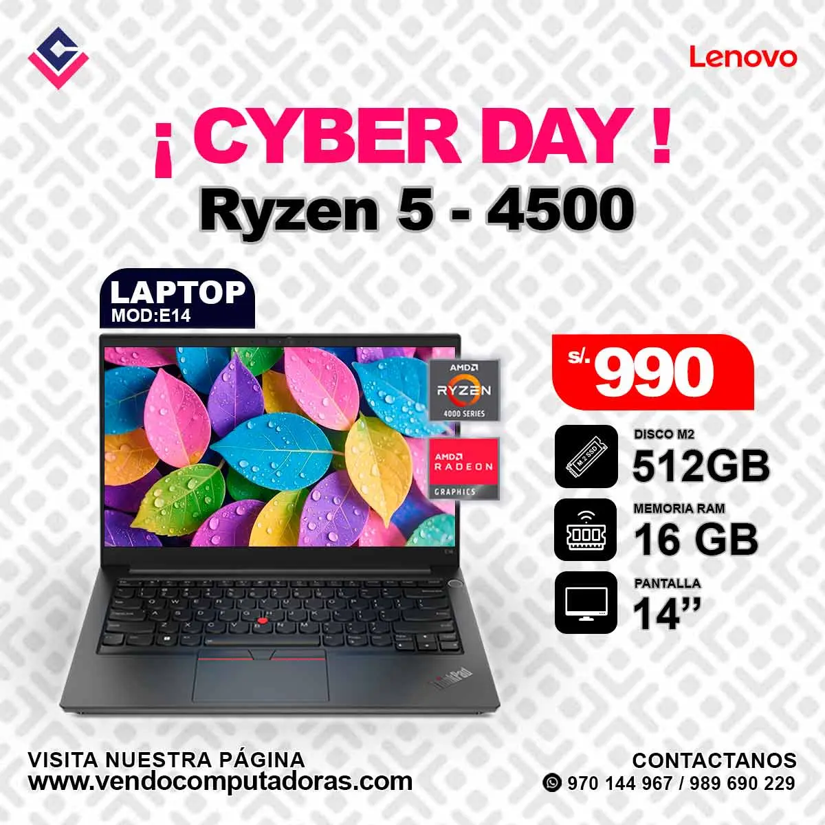 Laptop Lenovo RYZEN 5 - 4500 E14