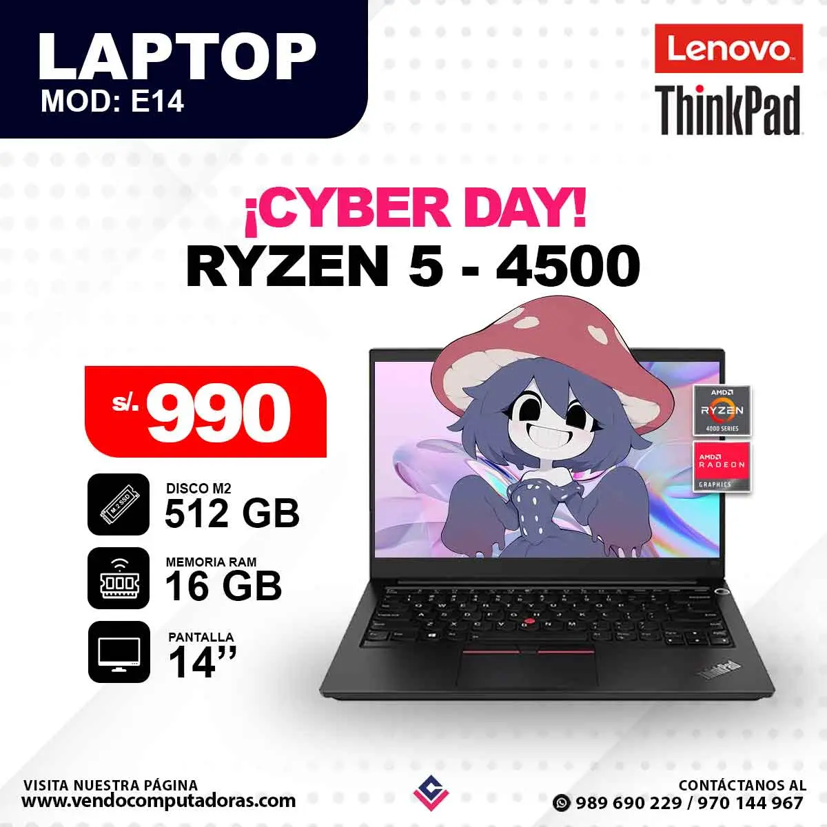 Laptop LENOVO THINKPAD Ryzen 5 - 4500 E14
