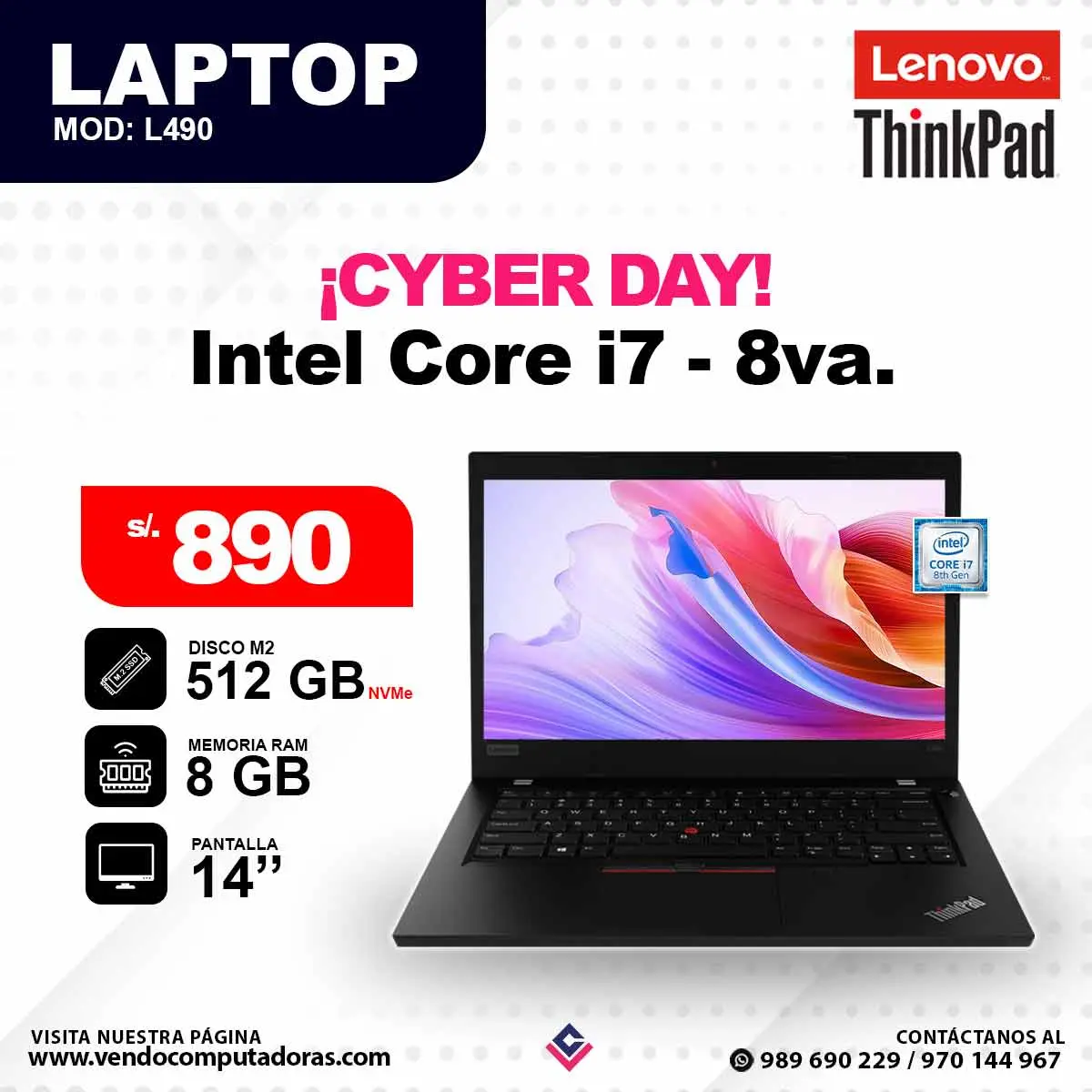 Laptop LENOVO Core i7 - 8va.