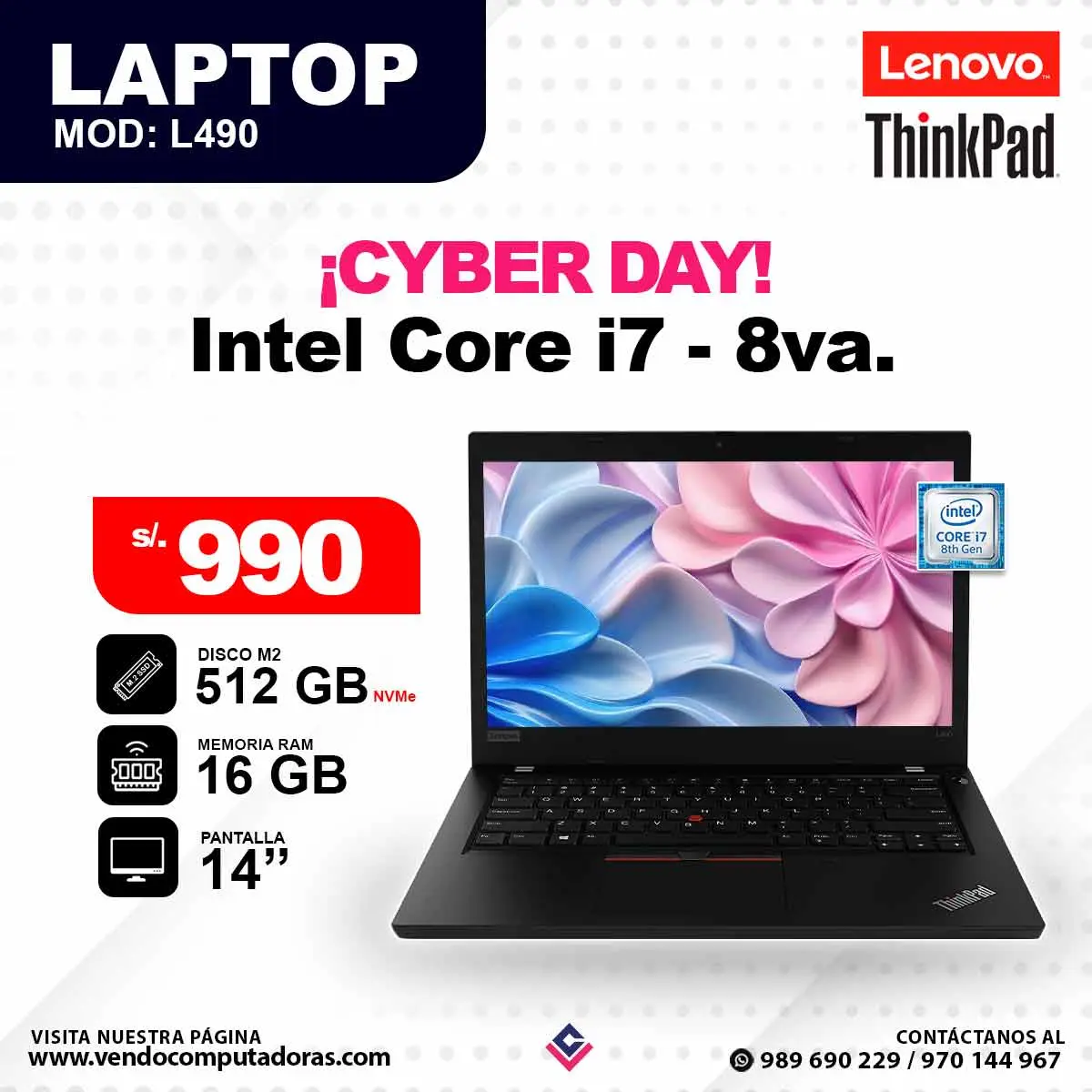 Laptop LENOVO THINKPAD Intel Core i7 - 8va. L490