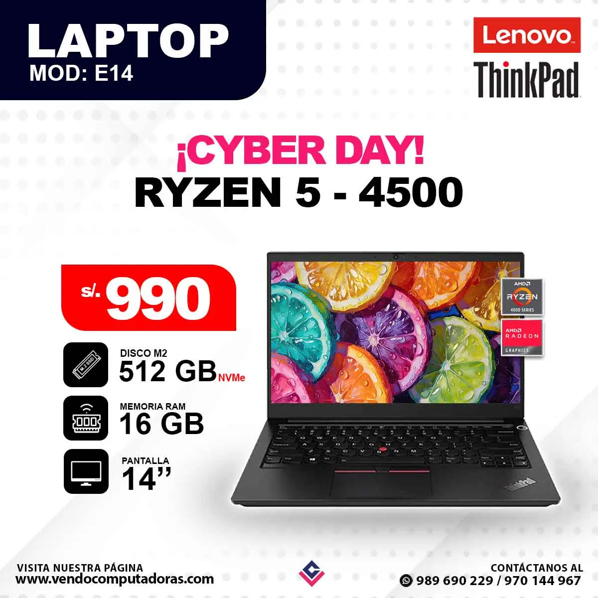 Laptop LENOVO Ryzen 5 - 4500 E14