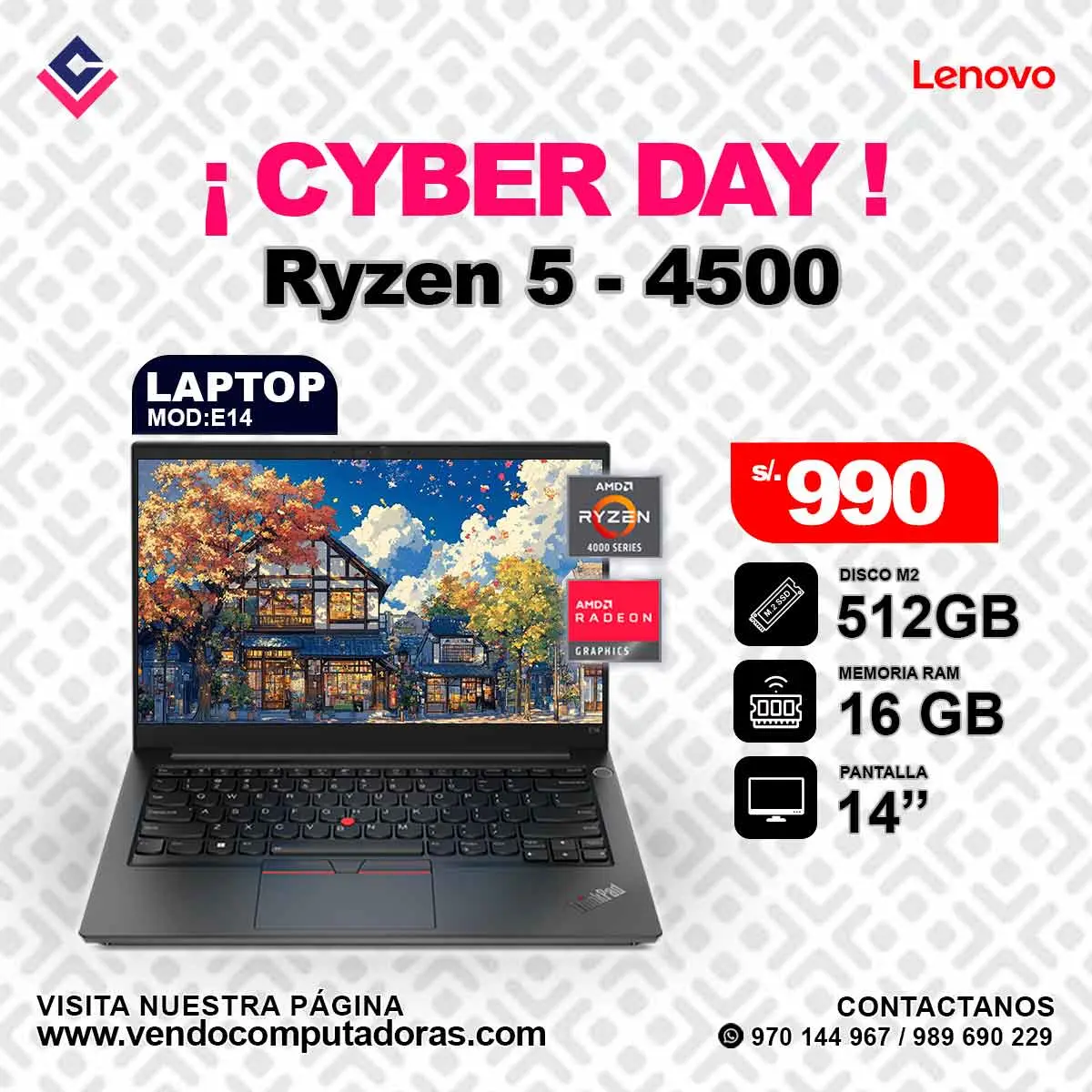 Laptop Lenovo RYZEN 5 - 4500 E14