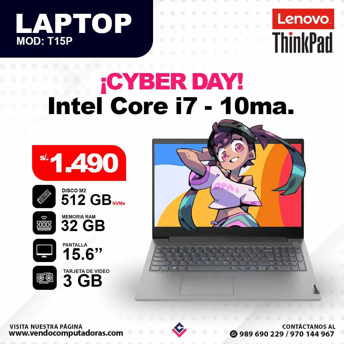 Laptop LENOVO THINKPAD Intel Core i7 - 8va - T15P