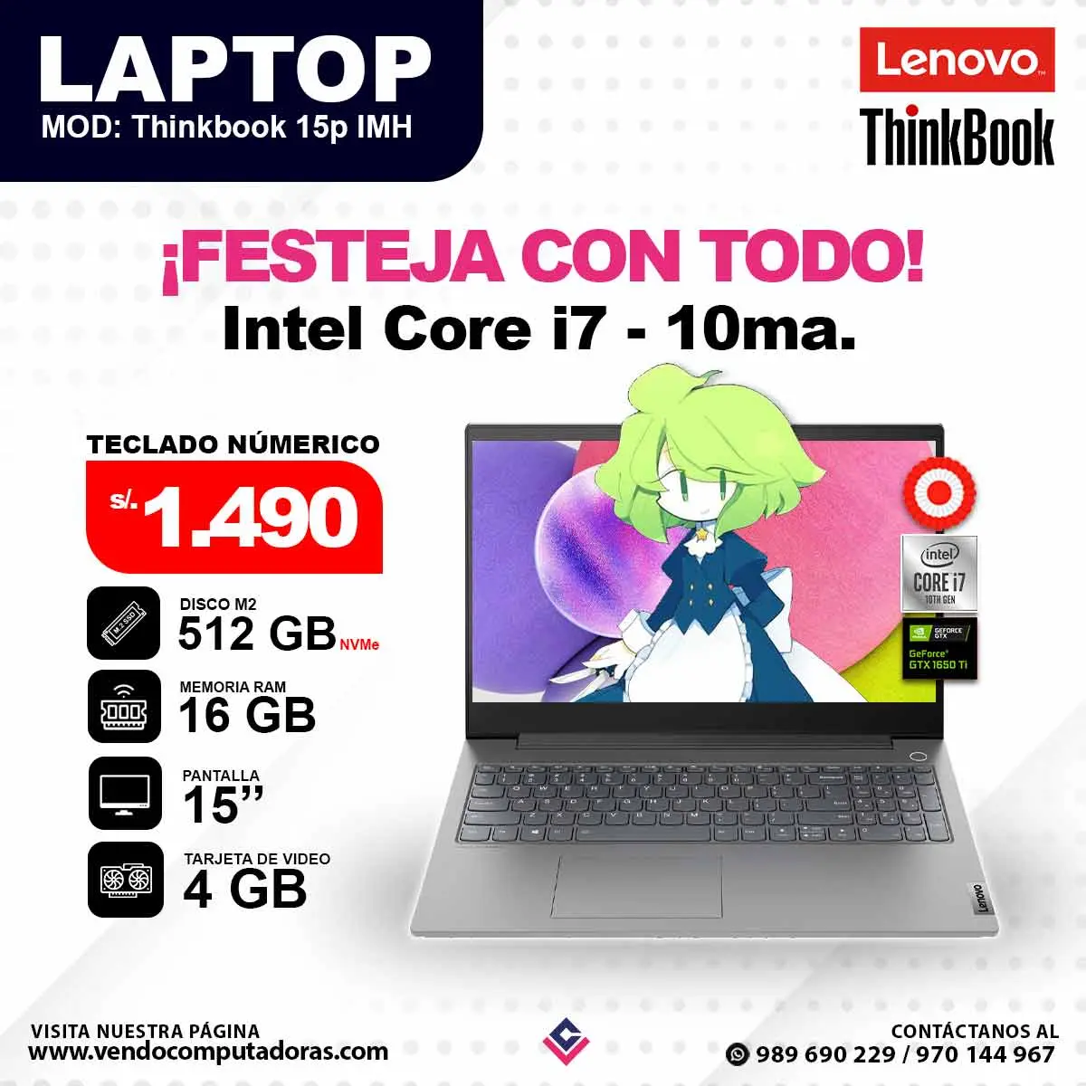 Laptop LENOVO THINKBOOK Core i7 - 10ma. Generación