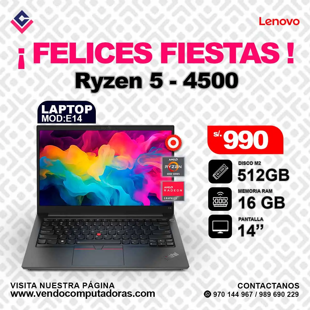 Laptop Lenovo RYZEN 5 - 4500 E14