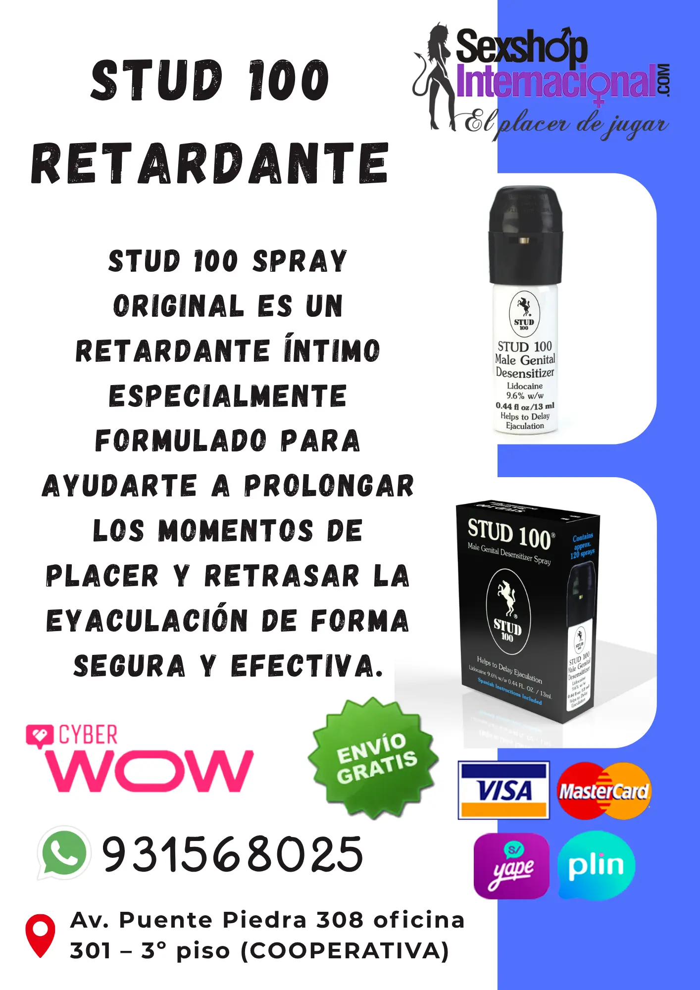 STUD 100 RETARDANTE SPRAY RETARDANTE DURA MAS DE 1 HORA EN L