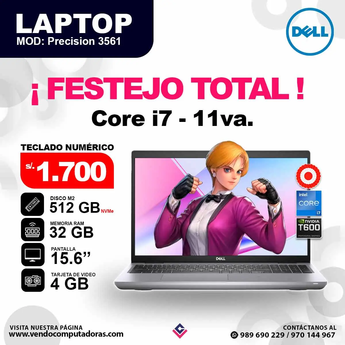 Laptop DELL core i7 - 11va. PRECISION 3561
