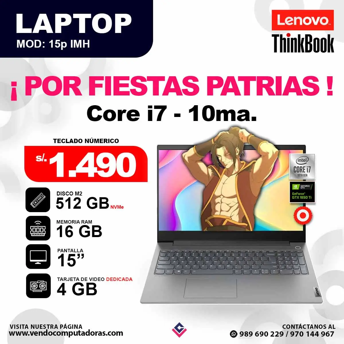 Laptop LENOVO ThinkBook 15p IMH core i7 - 10ma.