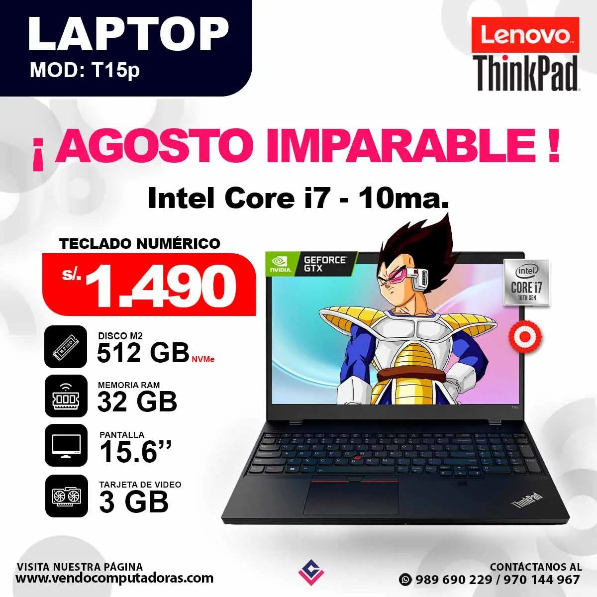 Laptop LENOVO THINKPAD core i7 - 10ma. ThinkPad T15p
