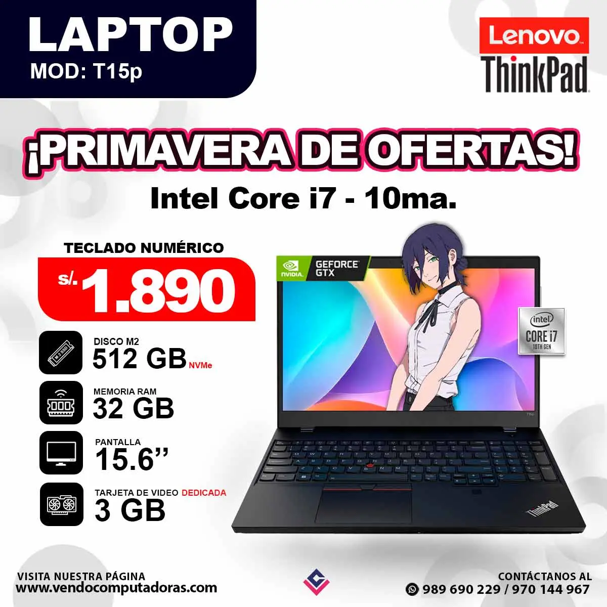 Laptop Lenovo Thinkpad T15p core i7 - 10ma