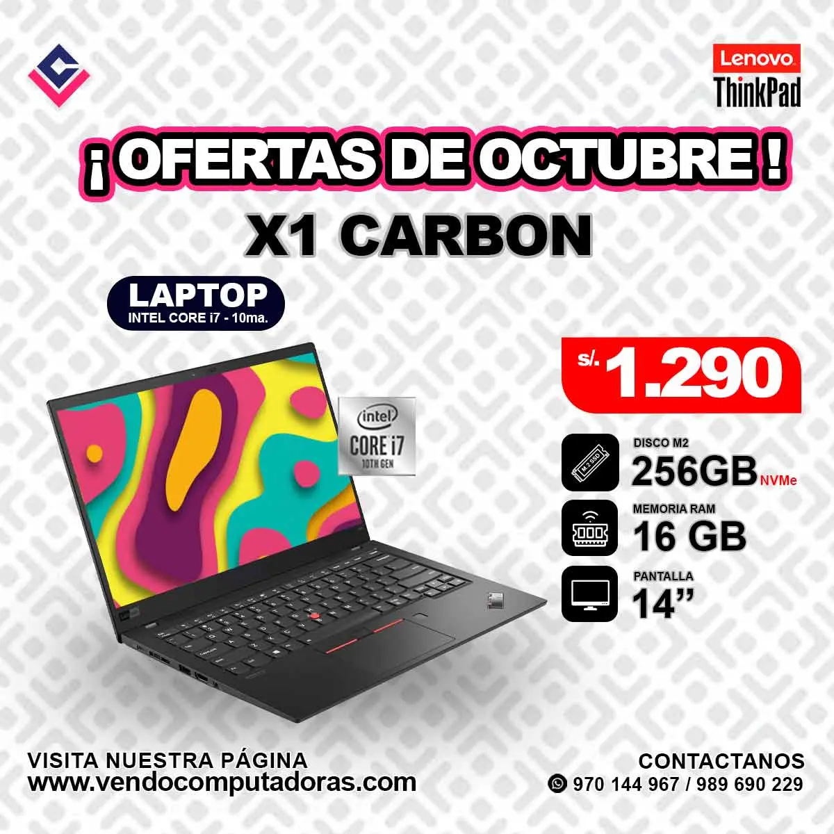 Laptop Lenovo Thinkpad X1 Carbon Intel core i7 10ma.