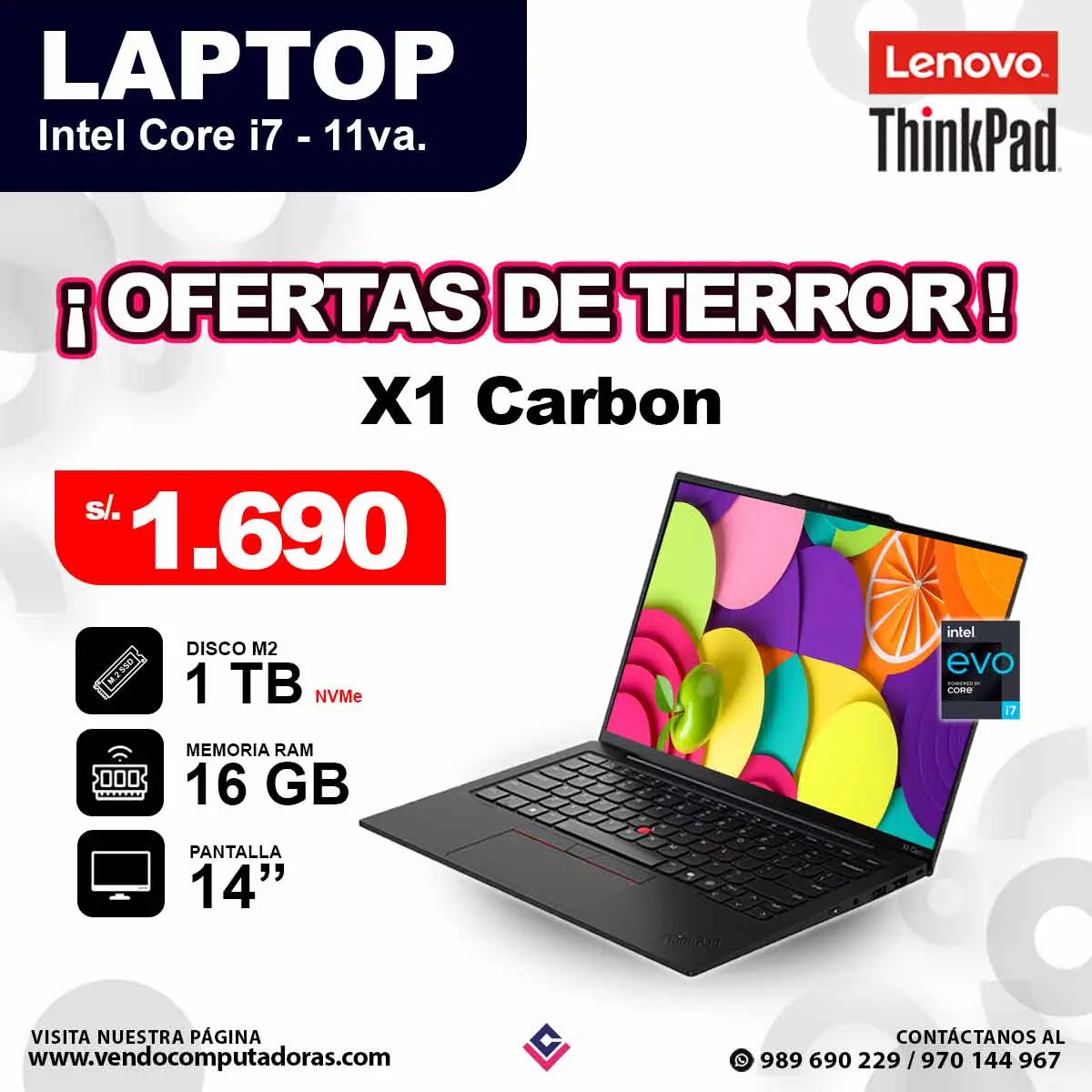 Laptop LENOVO THINKPAD core i7 - 11va X1 Carbon Gen 9